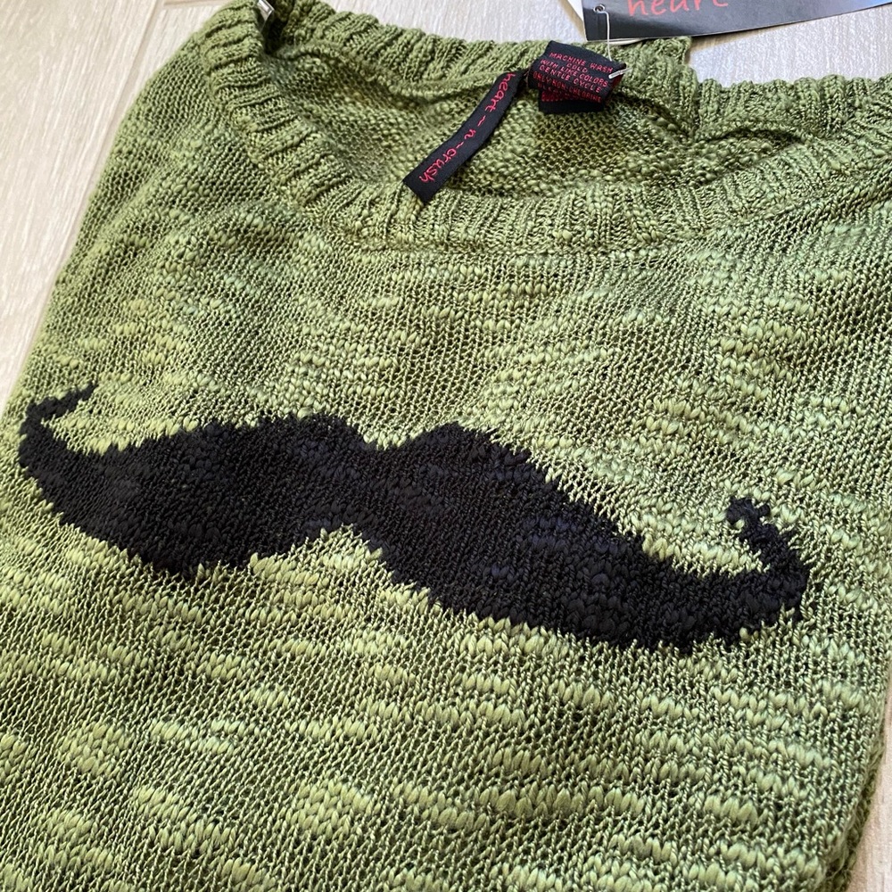 Heart N Crush Green Lightweight Long Sleeve Sweater With Mustache Graphic - Picture 14 of 15